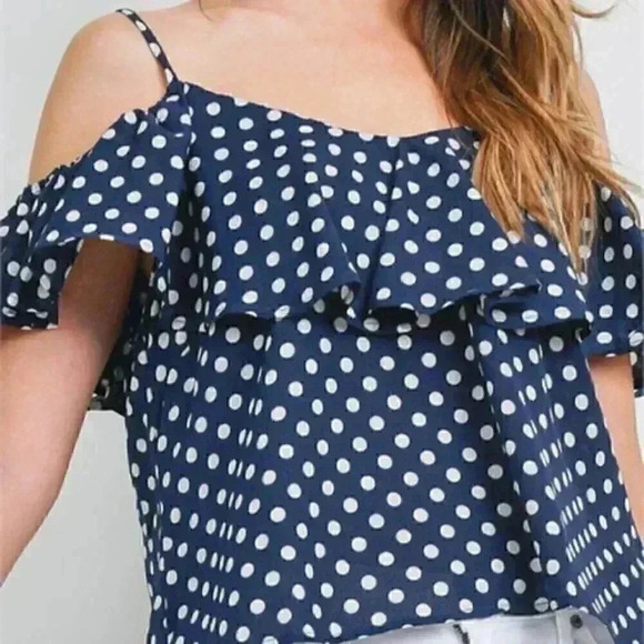 NAVY POLKA-DOT COLD SHOULDER BLOUSE - Picture 3 of 4